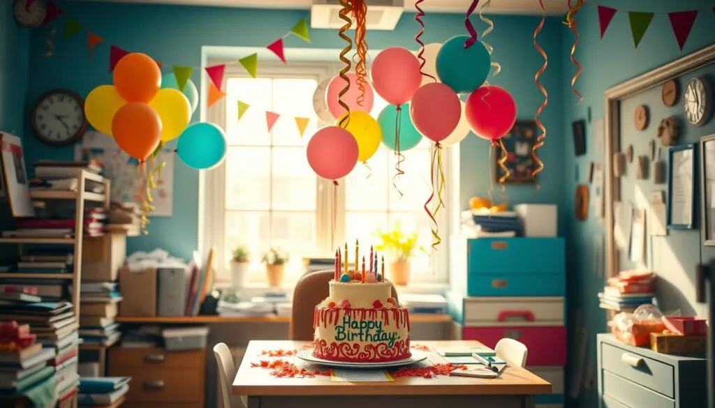 Büroarbeitsplatz mit Geburtstagsdekoration