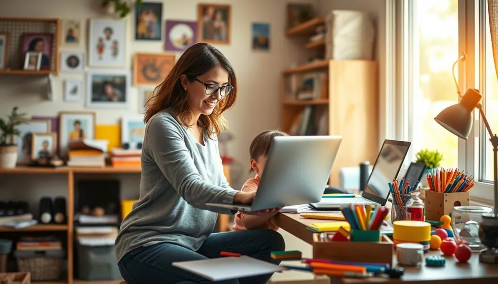 Mutter, die versucht, Beruf und Familie unter einen Hut zu bringen Mutter, die versucht, Beruf und Familie unter einen Hut zu bringen