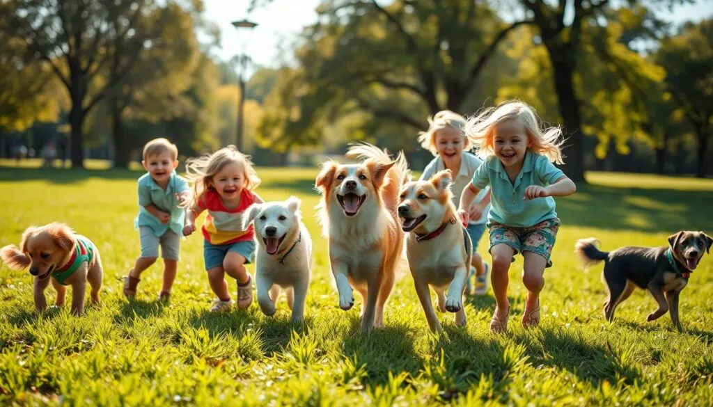 Kinder und Hunde gemeinsam spielend Kinder und Hunde gemeinsam spielend