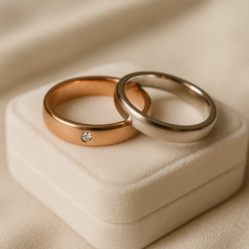 Roségold- und Weißgold-Ringe auf Schmuckbox