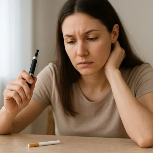 Nachdenkliche Frau betrachtet E-Zigarette und Zigarette auf einem Tisch, symbolisches Motiv zur Entscheidung zwischen Rauchen und Dampfen, neutraler Gesundheitskontext.