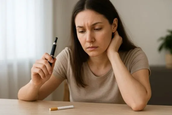 Nachdenkliche Frau betrachtet E-Zigarette und Zigarette auf einem Tisch, symbolisches Motiv zur Entscheidung zwischen Rauchen und Dampfen, neutraler Gesundheitskontext.