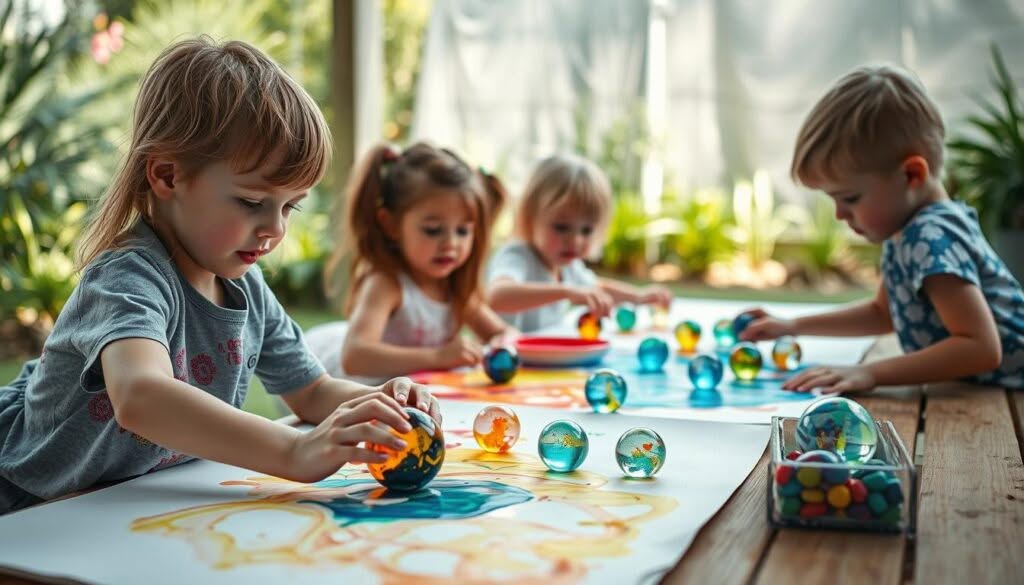 Kinder malen mit Murmeln