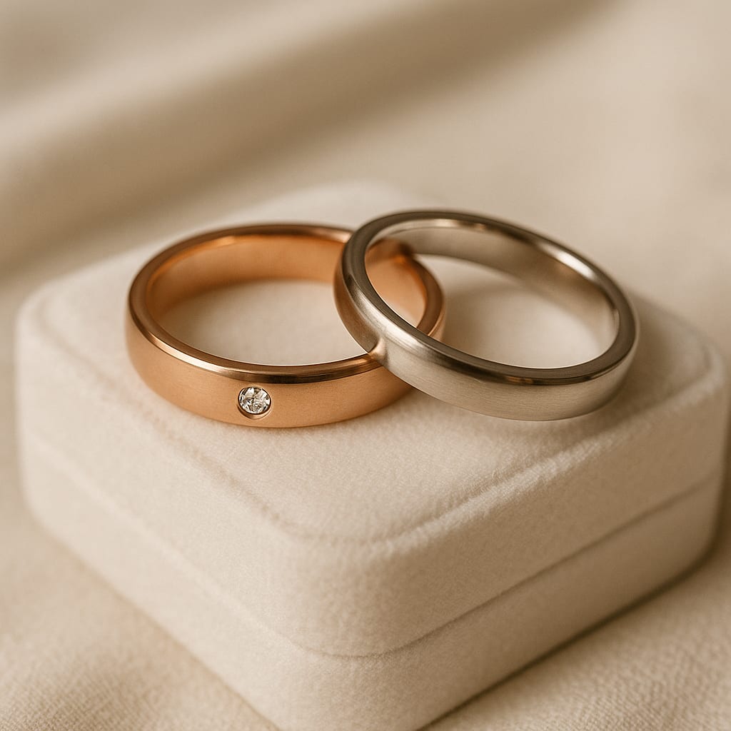 Roségold- und Weißgold-Ringe auf Schmuckbox