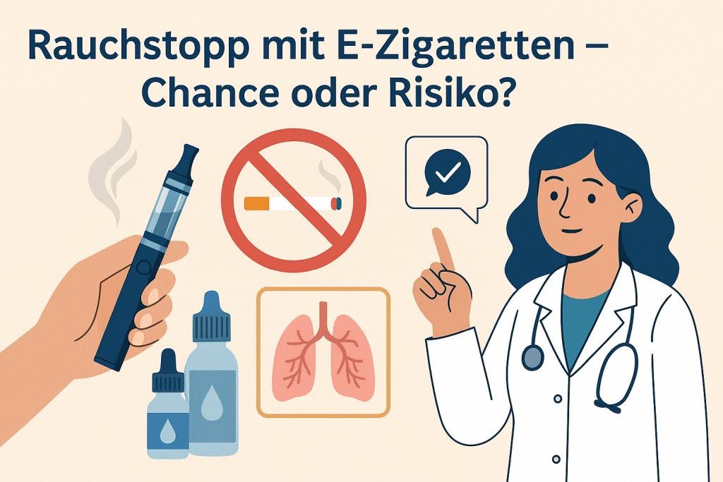 Illustration einer Ärztin mit E-Zigarette und Symbolen zu Rauchstopp, neutraler Gesundheitsratgeber zum Thema E-Zigaretten.